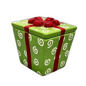 Christmas Holiday Cookie Jar Home Decor Package Green White Red Bow Ceramic Y2K